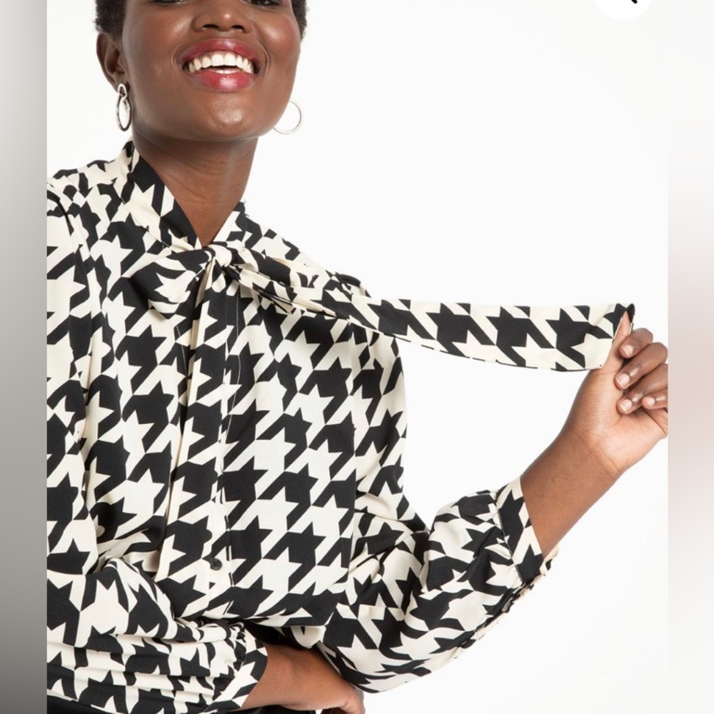 Eloquii Tie Neck Houndstooth Blouse